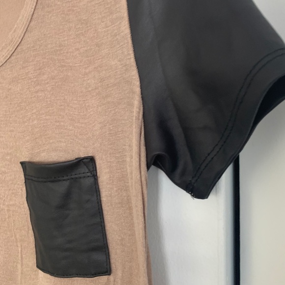 Brown Tee With Black Leather Pocket and Sleeves - Picture 8 of 10